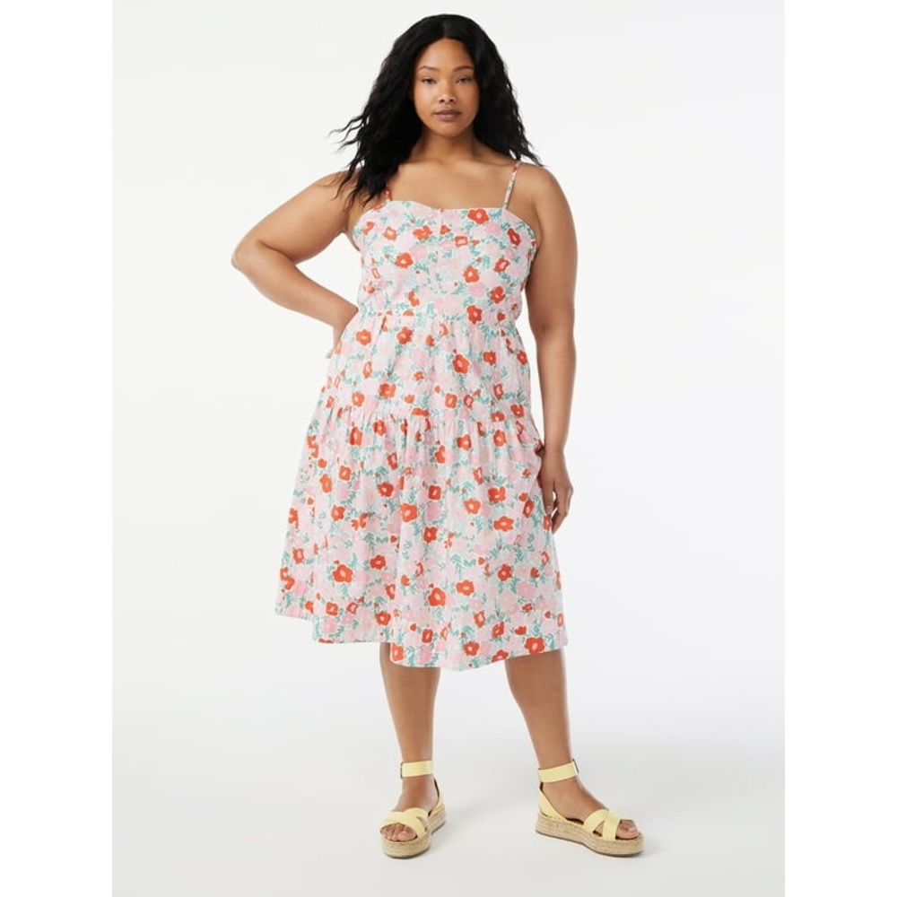 Free Assembly Women's Tiered Midi Dress with Tie Back Size L